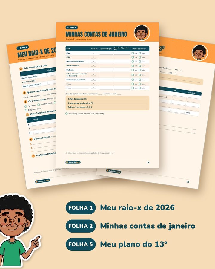 Prévia de três folhas do Mapa: Meu raio-x de 2026 (Folha 1), Minhas contas de janeiro (Folha 2), com a tabela para IPVA, IPTU, escola e fatura do cartão, e Meu plano do 13º (Folha 5).