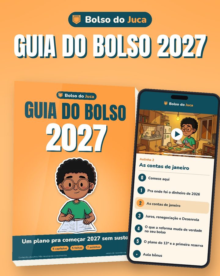 Capa do Guia do Bolso 2027 ao lado de um celular com a lista das aulas: Comece aqui, os 5 capítulos e a aula bônus.